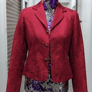 Vintage Josephine Chaus Petite 4P Red Silk Jacquard Blazer